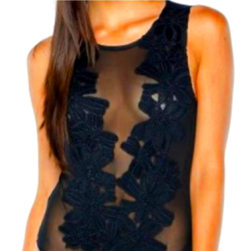Haute Monde Black Bodysuit Mesh Floral Embroidered Detail In Front Mesh Back S